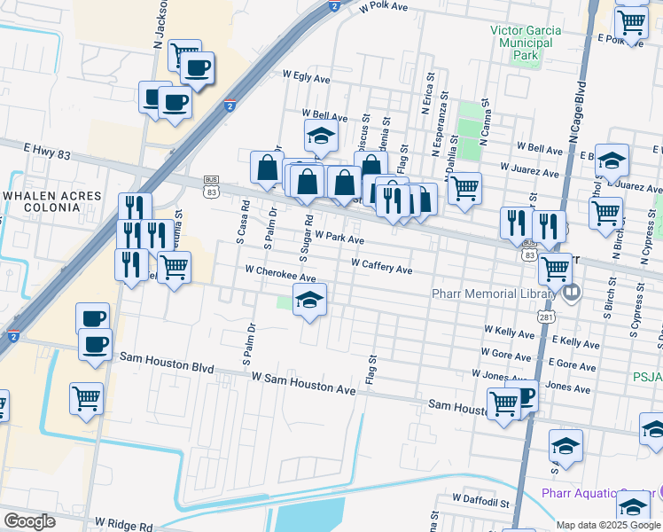 map of restaurants, bars, coffee shops, grocery stores, and more near 805 West Caffery Avenue in Pharr