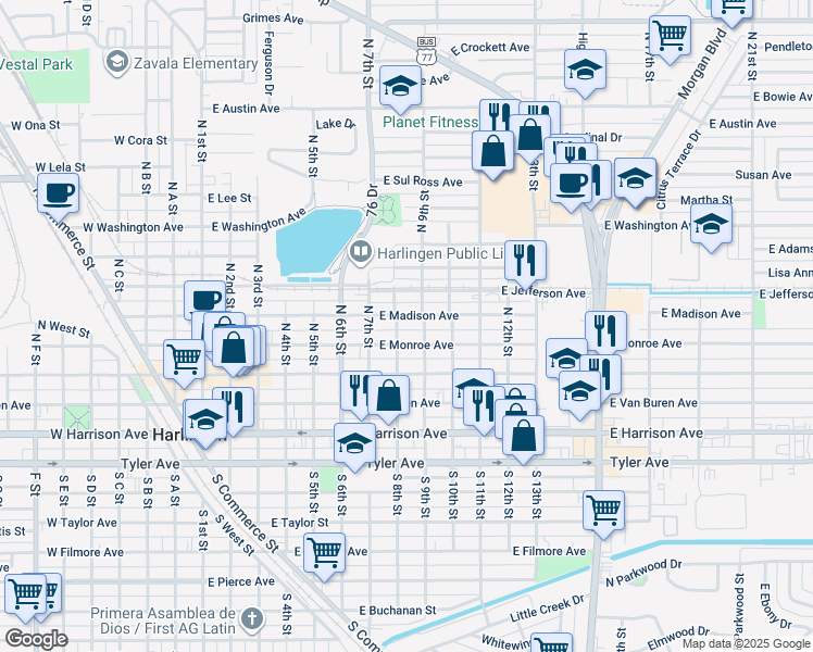 map of restaurants, bars, coffee shops, grocery stores, and more near 806 E Madison Ave in Harlingen