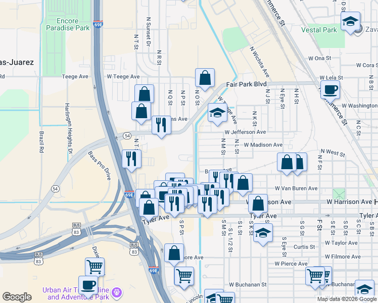 map of restaurants, bars, coffee shops, grocery stores, and more near 207 N O St in Harlingen
