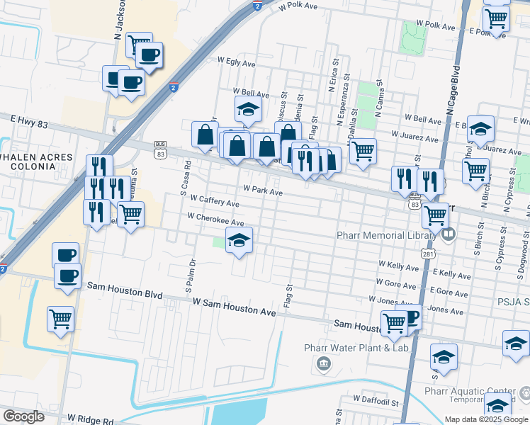 map of restaurants, bars, coffee shops, grocery stores, and more near 805 West Caffery Avenue in Pharr