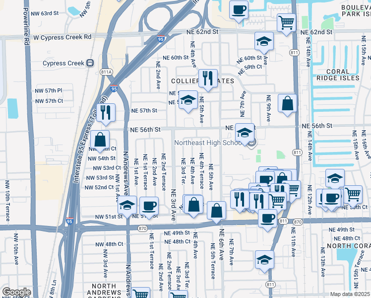 map of restaurants, bars, coffee shops, grocery stores, and more near 5424 Northeast 3rd Terrace in Fort Lauderdale