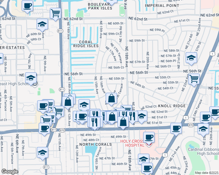 map of restaurants, bars, coffee shops, grocery stores, and more near 5320 Northeast 16th Terrace in Fort Lauderdale