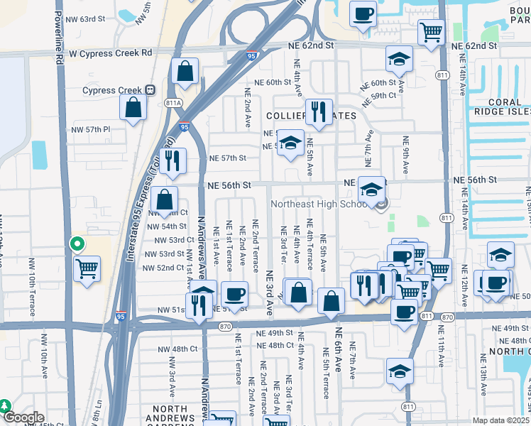 map of restaurants, bars, coffee shops, grocery stores, and more near 5433 Northeast 3rd Avenue in Fort Lauderdale