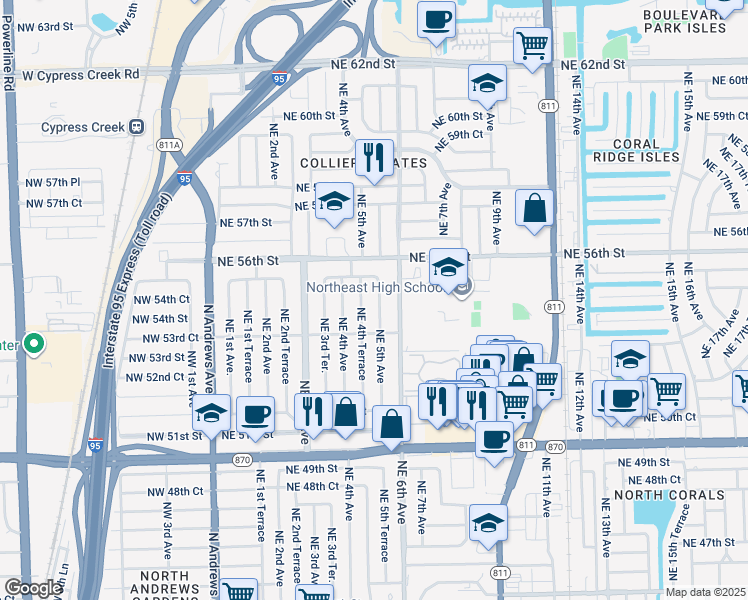 map of restaurants, bars, coffee shops, grocery stores, and more near 5424 Northeast 4th Terrace in Fort Lauderdale