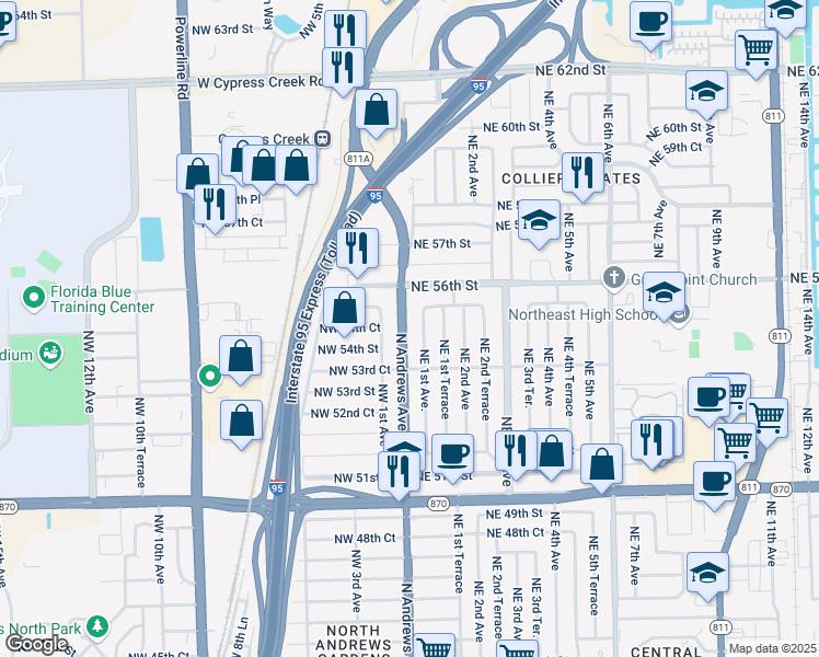 map of restaurants, bars, coffee shops, grocery stores, and more near 5441 Northeast 55th Street in Oakland Park
