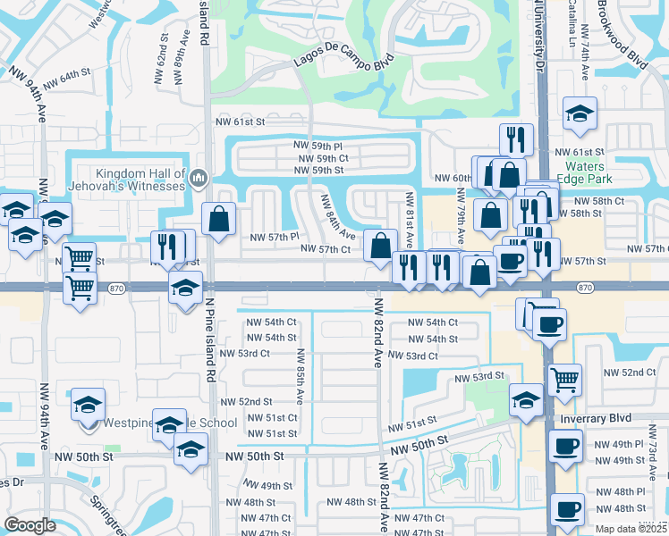 map of restaurants, bars, coffee shops, grocery stores, and more near 8424 Northwest 57th Street in Tamarac