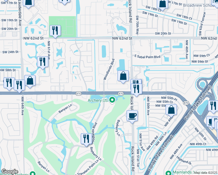 map of restaurants, bars, coffee shops, grocery stores, and more near 5467 Northwest 56th Court in Tamarac