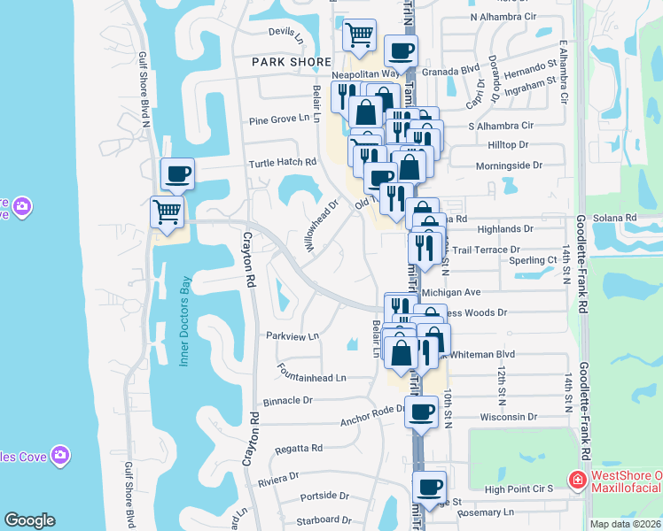 map of restaurants, bars, coffee shops, grocery stores, and more near 4019 Old Trail Way in Naples