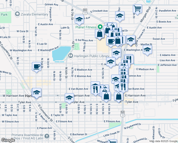 map of restaurants, bars, coffee shops, grocery stores, and more near 916 East Madison Avenue in Harlingen