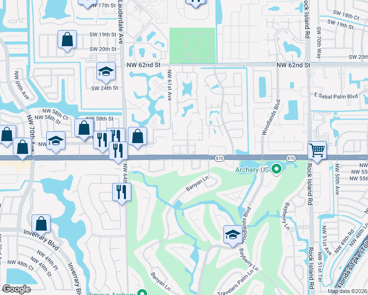 map of restaurants, bars, coffee shops, grocery stores, and more near 5898 Northwest 56th Place in Tamarac