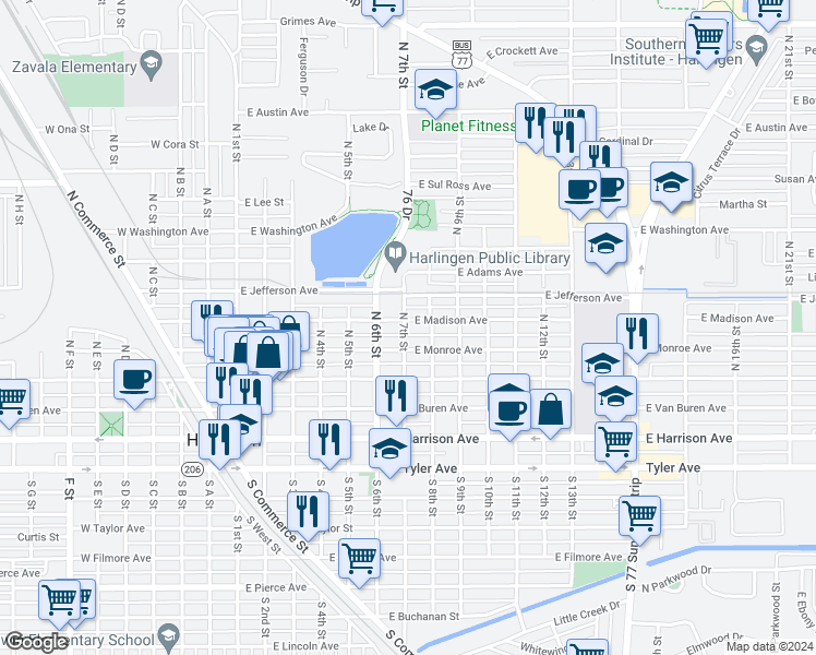 map of restaurants, bars, coffee shops, grocery stores, and more near 218 North 7th Street in Harlingen
