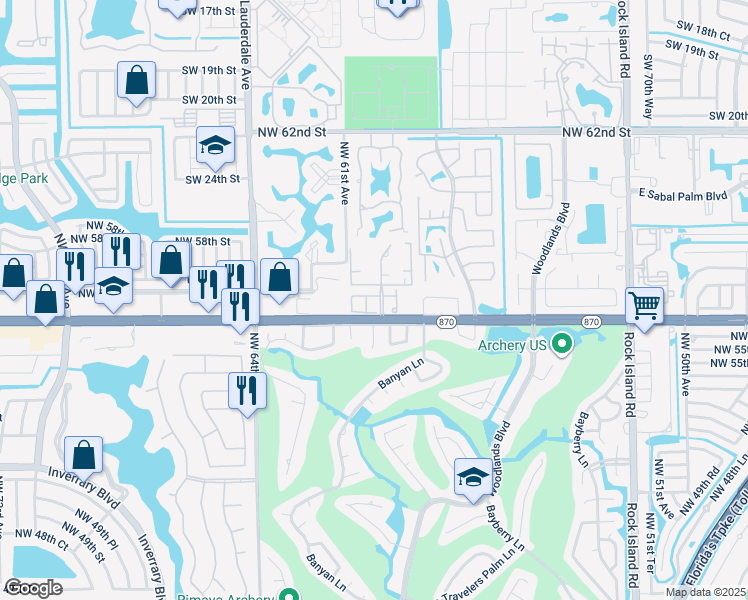 map of restaurants, bars, coffee shops, grocery stores, and more near 5898 Northwest 56th Place in Tamarac