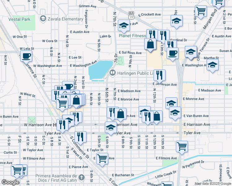 map of restaurants, bars, coffee shops, grocery stores, and more near 218 North 7th Street in Harlingen