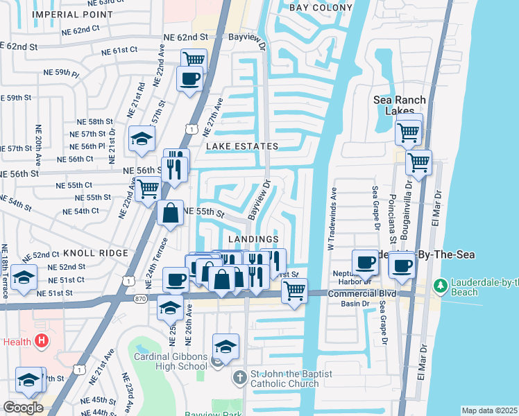 map of restaurants, bars, coffee shops, grocery stores, and more near 5530 Bayview Drive in Fort Lauderdale