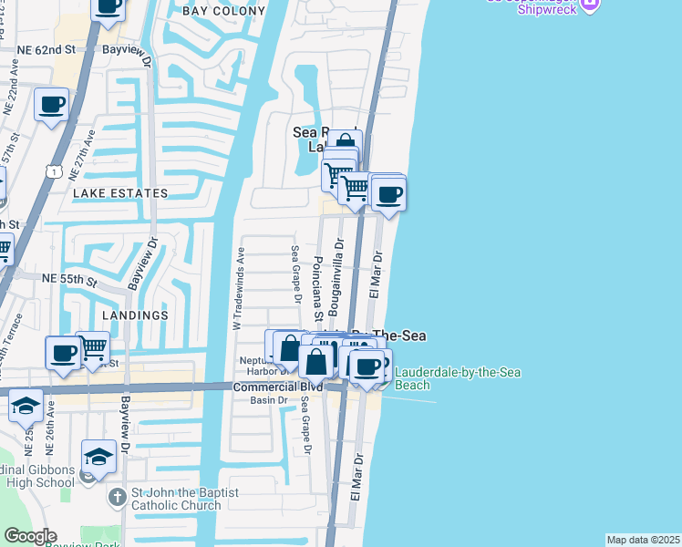 map of restaurants, bars, coffee shops, grocery stores, and more near 4560 Bougainvilla Drive in Lauderdale-by-the-Sea