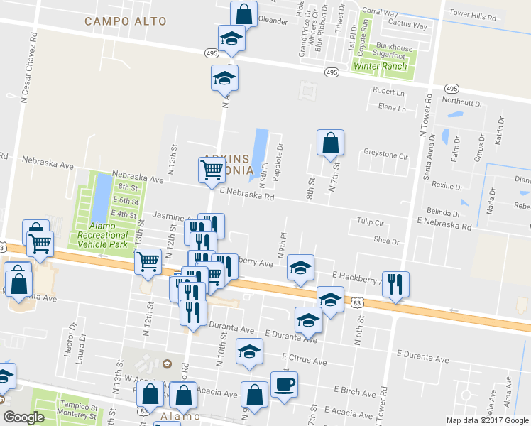 map of restaurants, bars, coffee shops, grocery stores, and more near 901 East Nebraska Road in Alamo
