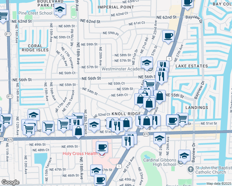 map of restaurants, bars, coffee shops, grocery stores, and more near 2091 Northeast 54th Court in Fort Lauderdale