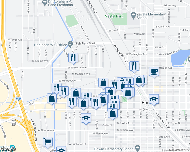 map of restaurants, bars, coffee shops, grocery stores, and more near 1001 West Madison Avenue in Harlingen