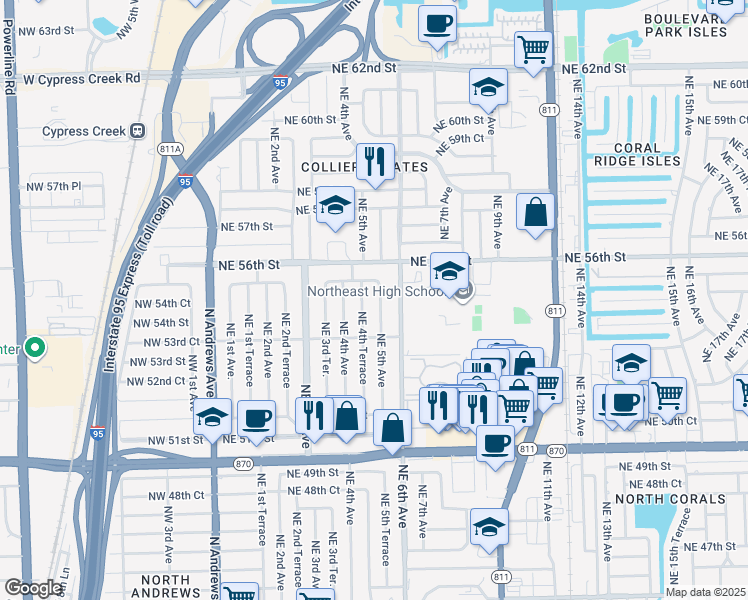 map of restaurants, bars, coffee shops, grocery stores, and more near 5424 Northeast 4th Terrace in Fort Lauderdale