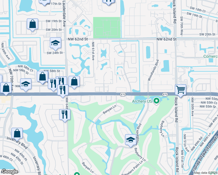 map of restaurants, bars, coffee shops, grocery stores, and more near 5898 Northwest 56th Place in Tamarac