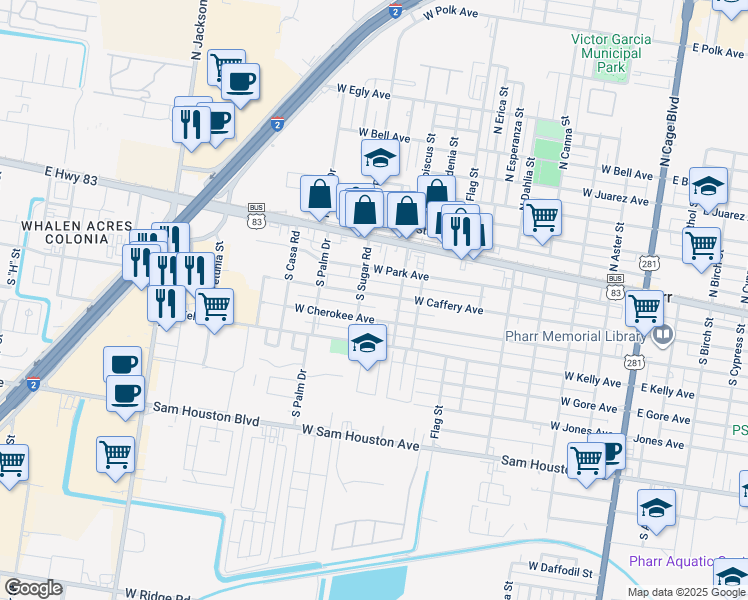 map of restaurants, bars, coffee shops, grocery stores, and more near 915 West Caffery Avenue in Pharr