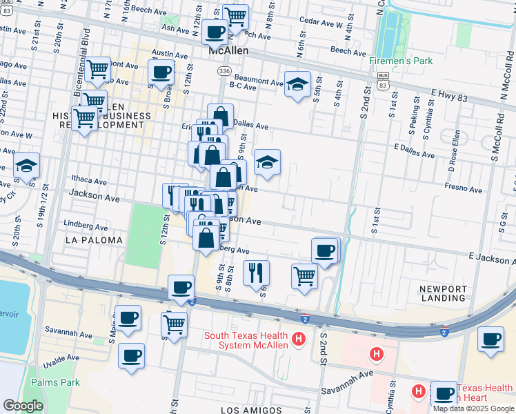 map of restaurants, bars, coffee shops, grocery stores, and more near 700 Jackson Avenue West in McAllen