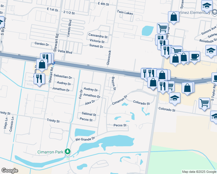 map of restaurants, bars, coffee shops, grocery stores, and more near 2003 Brazos Court in Mission
