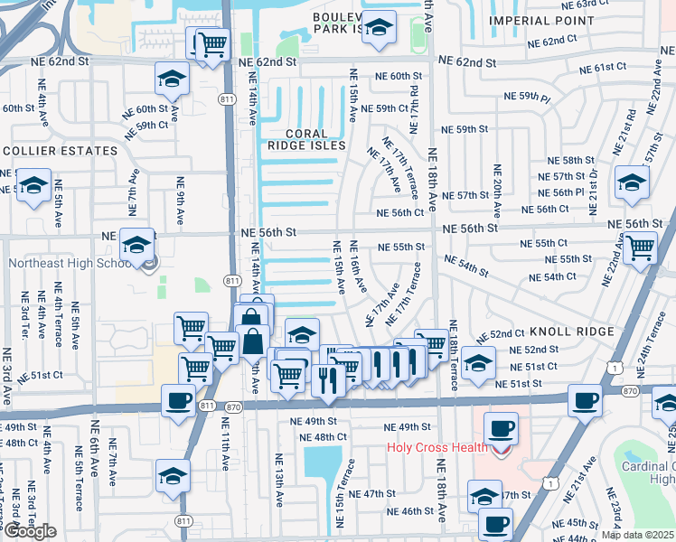 map of restaurants, bars, coffee shops, grocery stores, and more near Northeast 15th Avenue in Fort Lauderdale