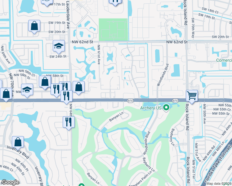 map of restaurants, bars, coffee shops, grocery stores, and more near 5621 Northwest 58th Way in Tamarac
