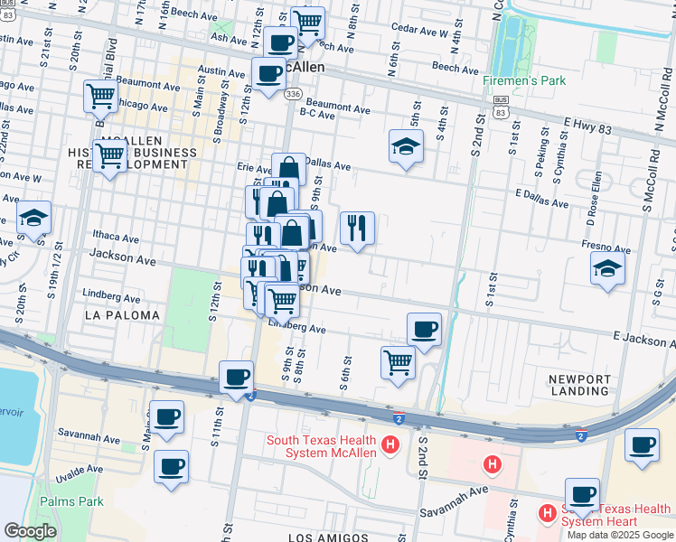 map of restaurants, bars, coffee shops, grocery stores, and more near 700 Jackson Avenue West in McAllen