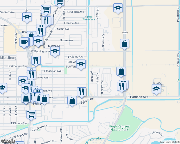 map of restaurants, bars, coffee shops, grocery stores, and more near 126 North 26th Street in Harlingen