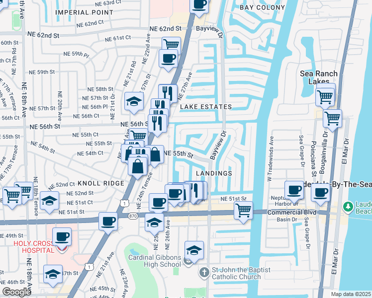 map of restaurants, bars, coffee shops, grocery stores, and more near 2805 Northeast 55th Street in Fort Lauderdale