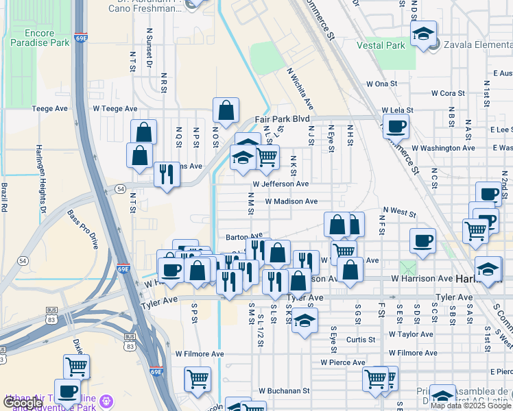 map of restaurants, bars, coffee shops, grocery stores, and more near 1317 West Madison Avenue in Harlingen