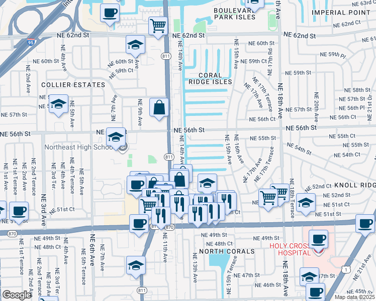 map of restaurants, bars, coffee shops, grocery stores, and more near 1400 Northeast 54th Street in Fort Lauderdale