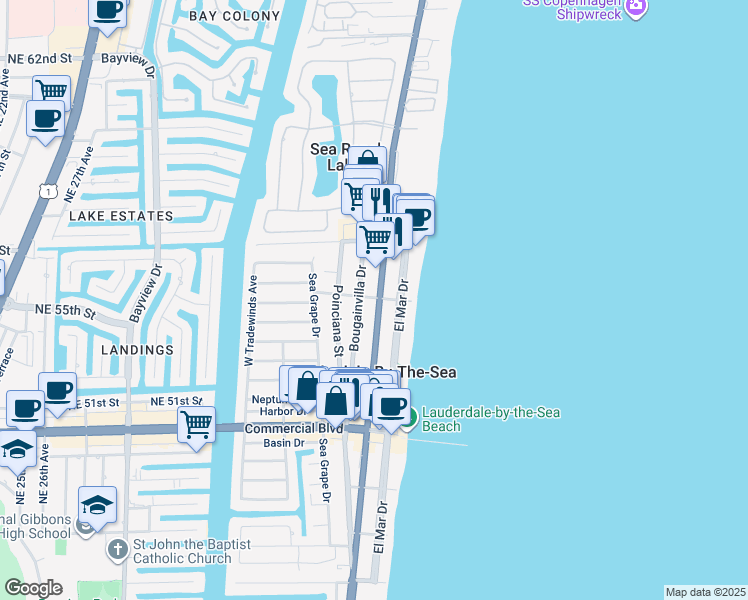 map of restaurants, bars, coffee shops, grocery stores, and more near 4560 Bougainvilla Drive in Lauderdale-by-the-Sea