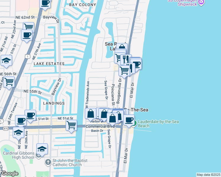 map of restaurants, bars, coffee shops, grocery stores, and more near 4554 Sea Grape Drive in Lauderdale-by-the-Sea