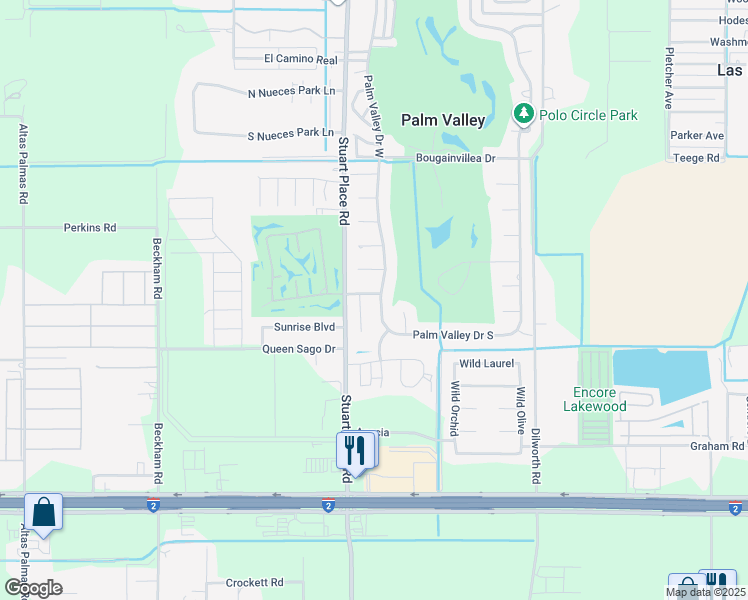 map of restaurants, bars, coffee shops, grocery stores, and more near 130 Palm Valley Drive West in Harlingen