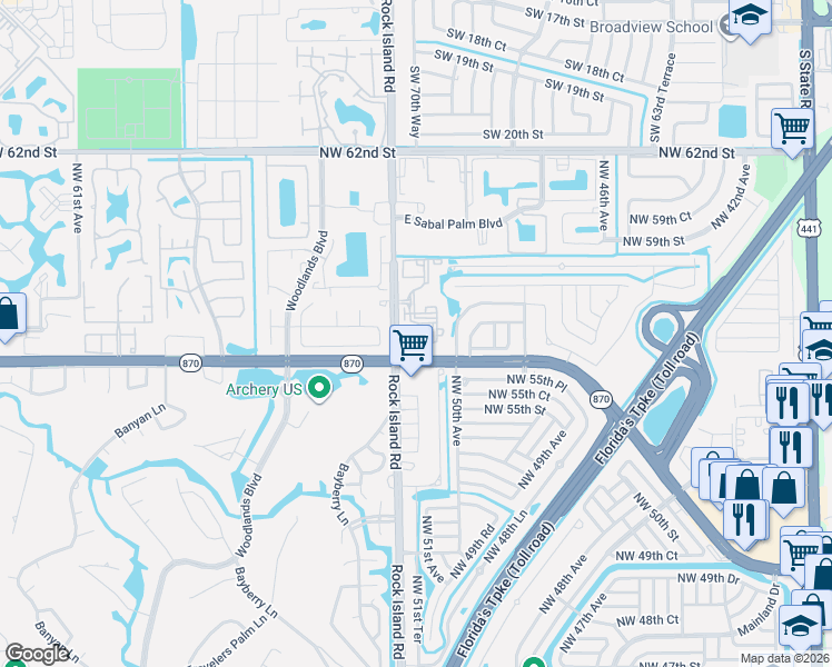 map of restaurants, bars, coffee shops, grocery stores, and more near 5612 Rock Island Road in Tamarac