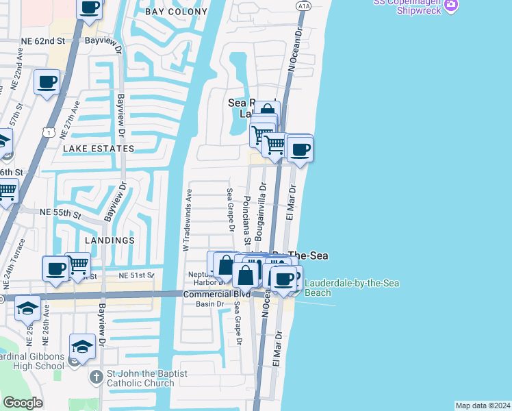 map of restaurants, bars, coffee shops, grocery stores, and more near 205 Washingtonia Avenue in Lauderdale-by-the-Sea