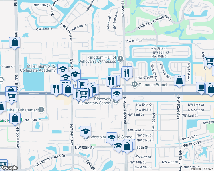 map of restaurants, bars, coffee shops, grocery stores, and more near 9004 Northwest 57th Street in Tamarac