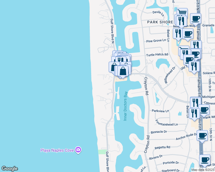 map of restaurants, bars, coffee shops, grocery stores, and more near 4021 Gulf Shore Boulevard North in Naples