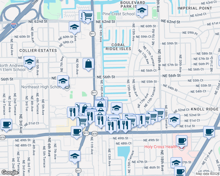 map of restaurants, bars, coffee shops, grocery stores, and more near 1418 Northeast 54th Street in Fort Lauderdale