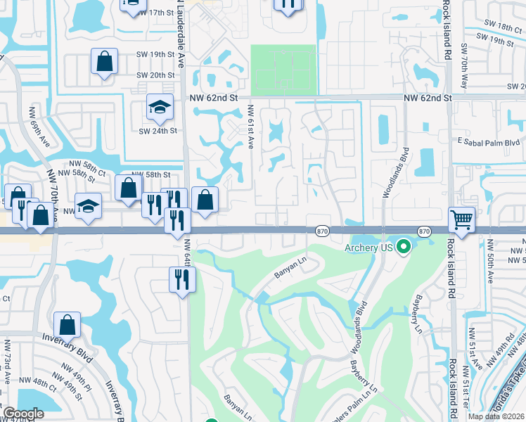 map of restaurants, bars, coffee shops, grocery stores, and more near 5961 Northwest 56th Place in Tamarac