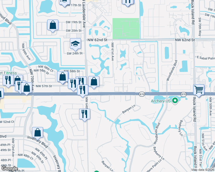 map of restaurants, bars, coffee shops, grocery stores, and more near 6101 West Commercial Boulevard in Tamarac