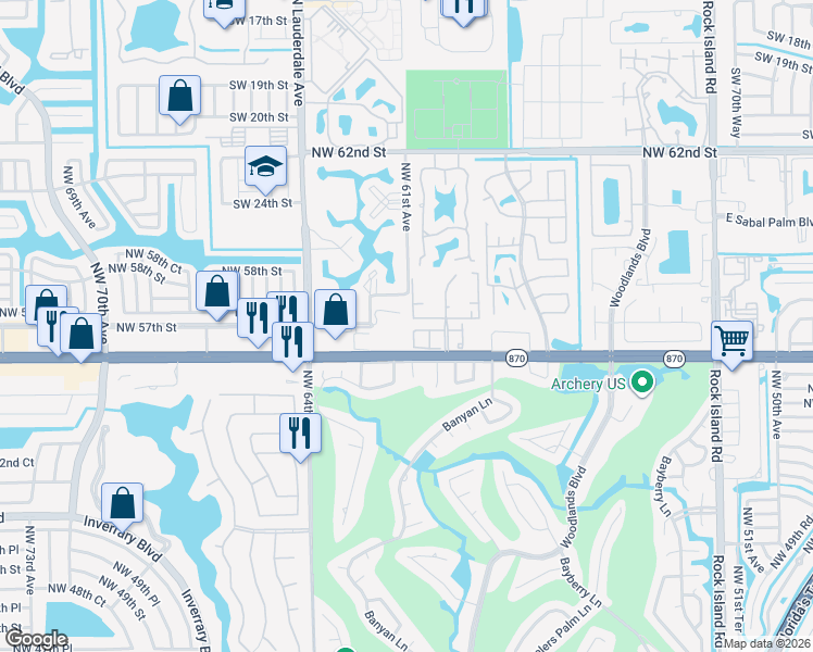 map of restaurants, bars, coffee shops, grocery stores, and more near 6085 West Commercial Boulevard in Tamarac