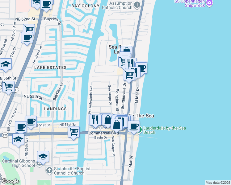 map of restaurants, bars, coffee shops, grocery stores, and more near 4554 Sea Grape Drive in Lauderdale-by-the-Sea