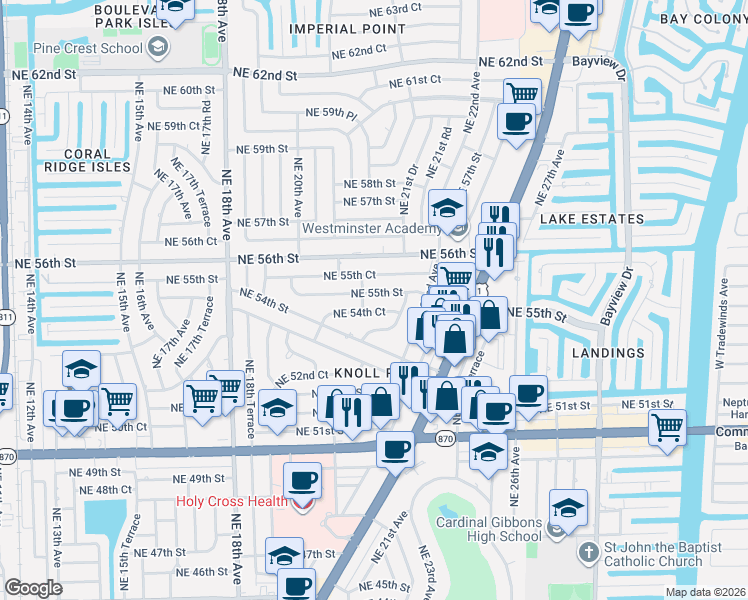 map of restaurants, bars, coffee shops, grocery stores, and more near 2115 Northeast 54th Court in Fort Lauderdale