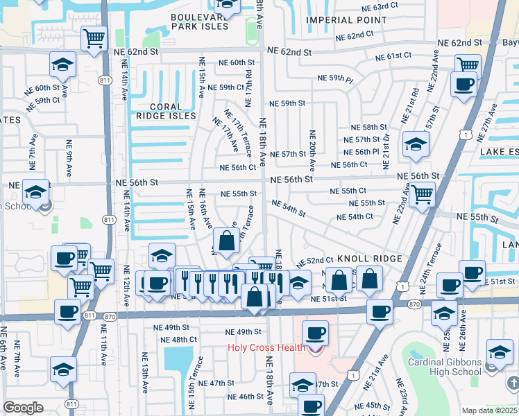 map of restaurants, bars, coffee shops, grocery stores, and more near 1800 Northeast 53rd Street in Fort Lauderdale