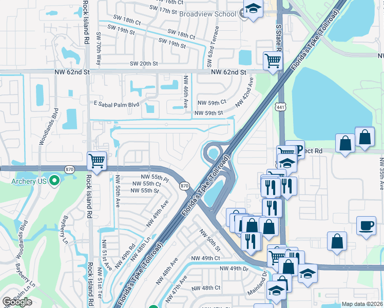 map of restaurants, bars, coffee shops, grocery stores, and more near 5701 NorthWest 47th Avenue in Tamarac