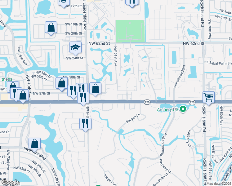 map of restaurants, bars, coffee shops, grocery stores, and more near 6085 West Commercial Boulevard in Tamarac